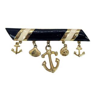 Nautical Brooch Pin Gold Tone Black White Enamel Dangle Charms Anchor Shell VTG